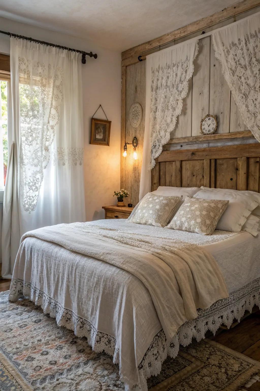 Layered textures in lace, linen, and wood create a cozy shabby chic bedroom.