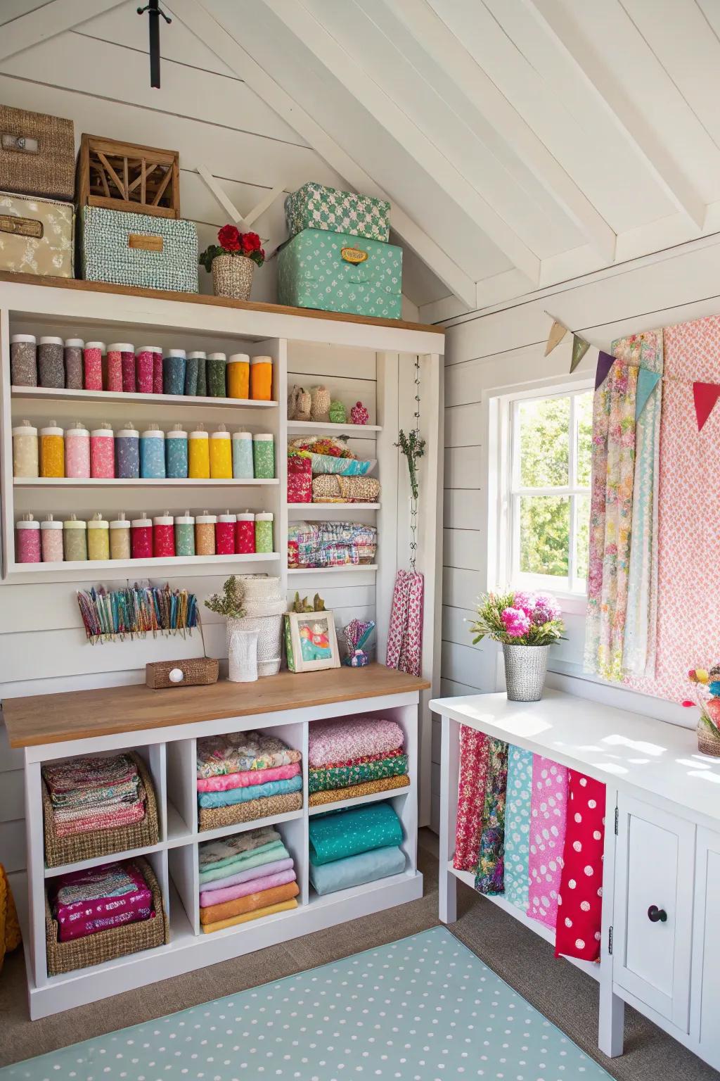 Ample shelving keeps craft supplies organized and within reach in a she shed.