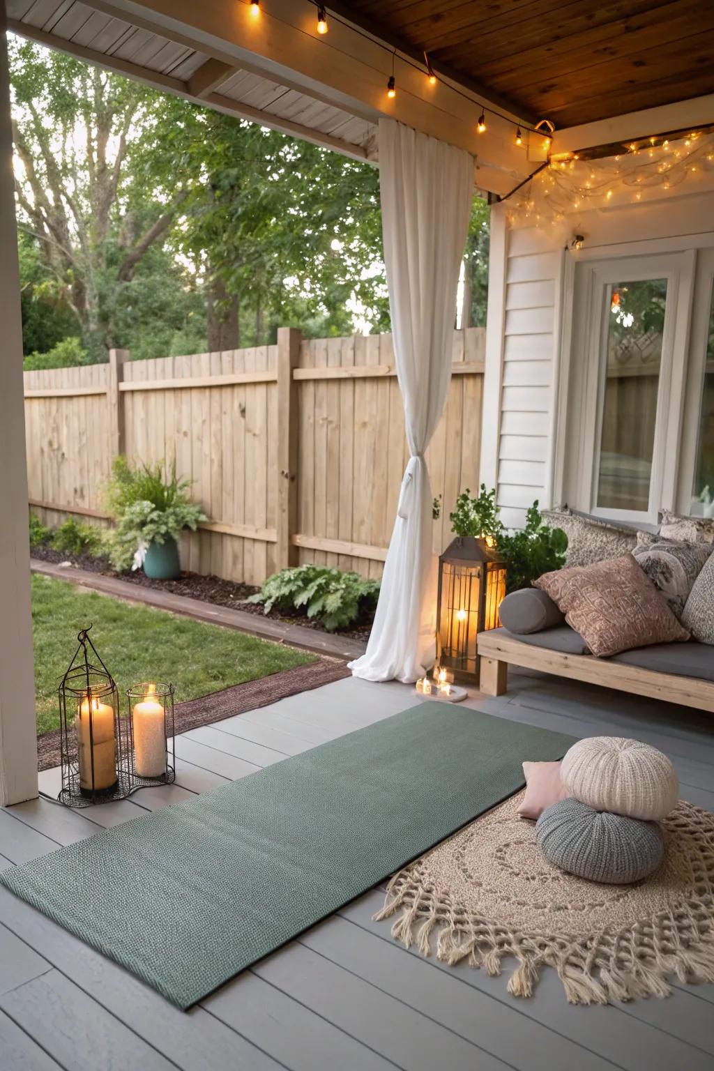 Create a serene yoga and meditation spot on your porch for daily relaxation.