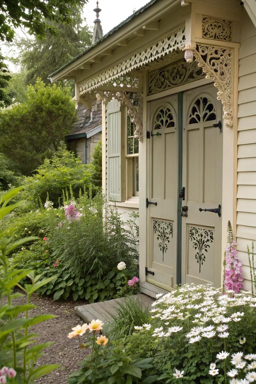 Victorian elegance shines through with this intricately trimmed shed door.