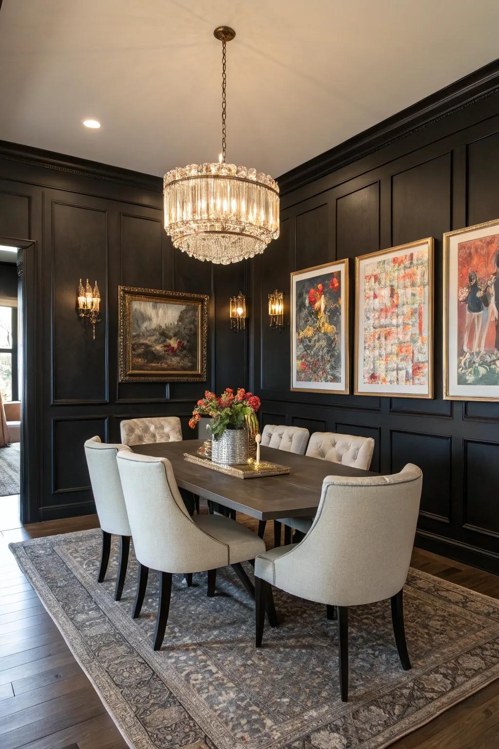 A dramatic dining room featuring dark shiplap wainscoting.