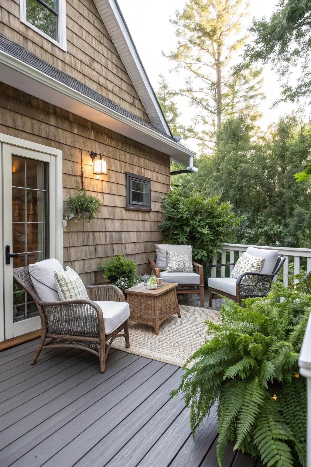 An outdoor deck featuring shiplap walls.