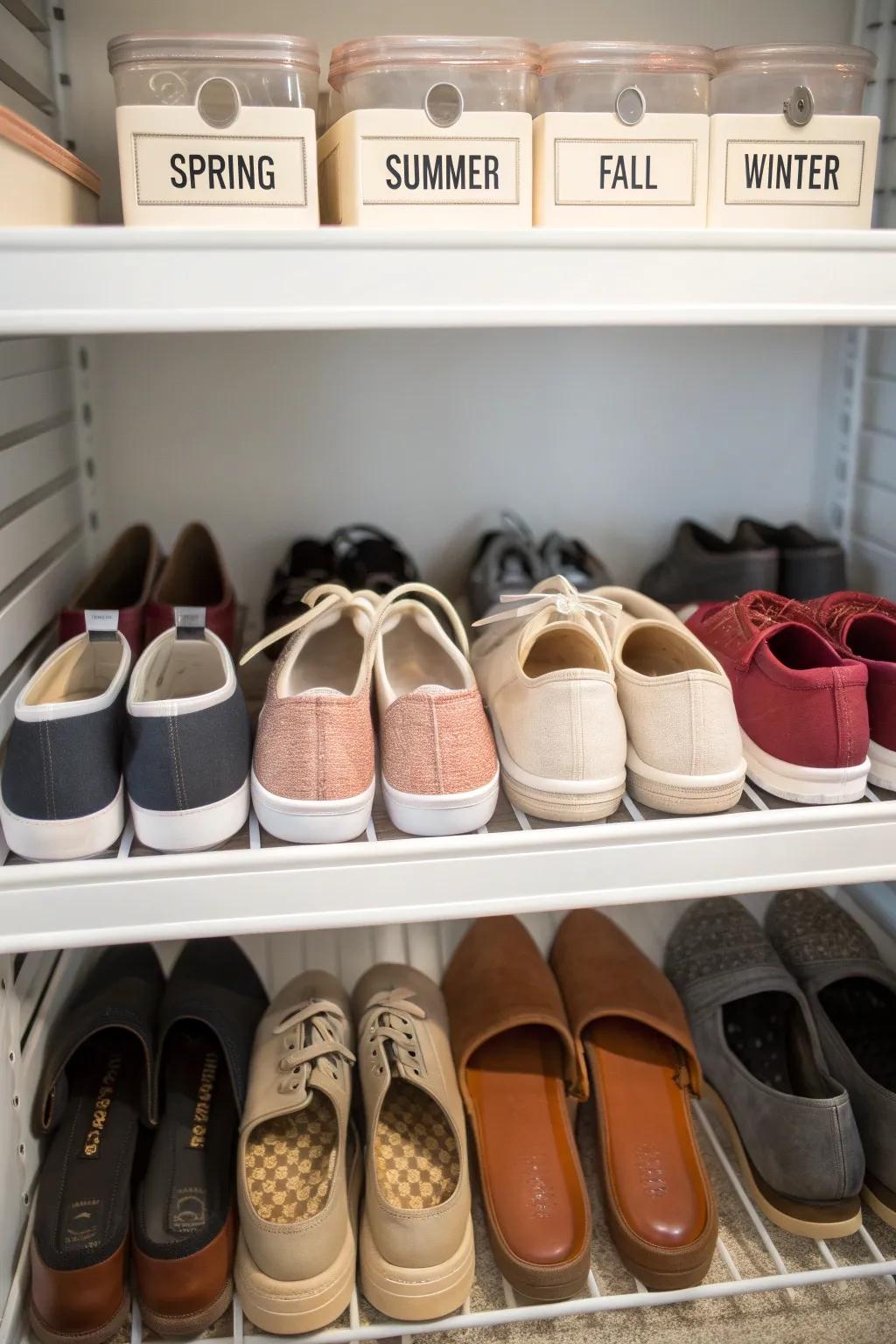 Seasonal grouping keeps shoes organized and protected.