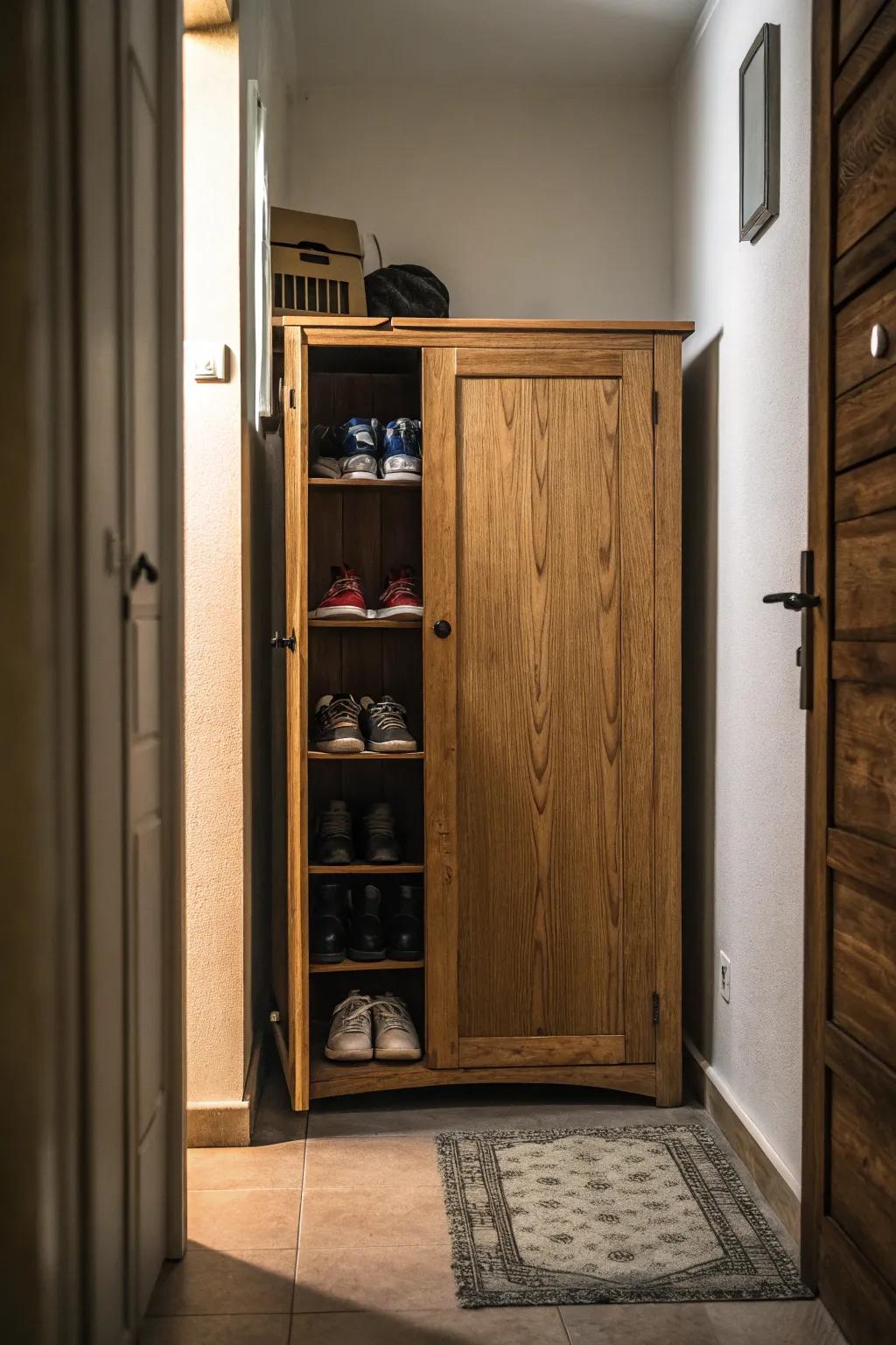 Wood shoe cabinets offer hidden storage with a touch of elegance.