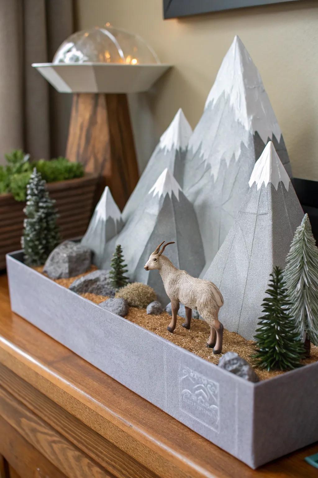 A miniature mountain retreat with majestic peaks and wildlife.