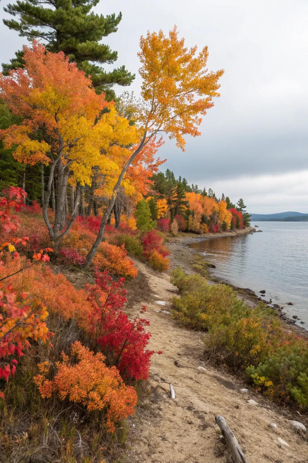 Native trees and shrubs providing stability and seasonal beauty to the shoreline.