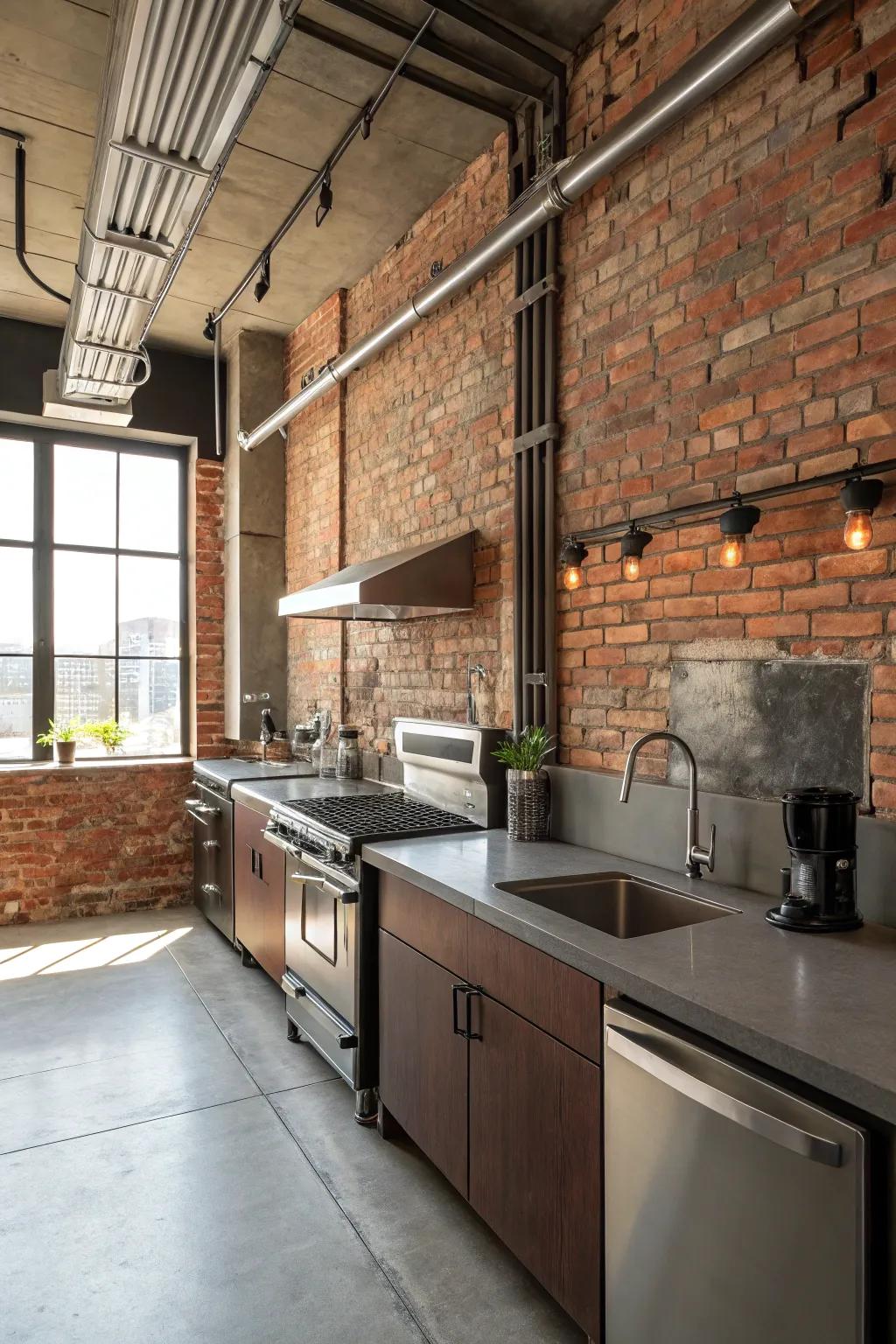 The rustic charm of brick adds warmth and character to this kitchen.