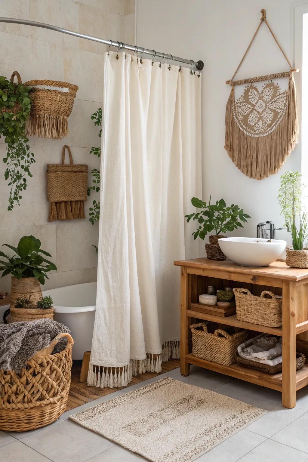 Rustic wood rods add warmth and natural charm to your bathroom.