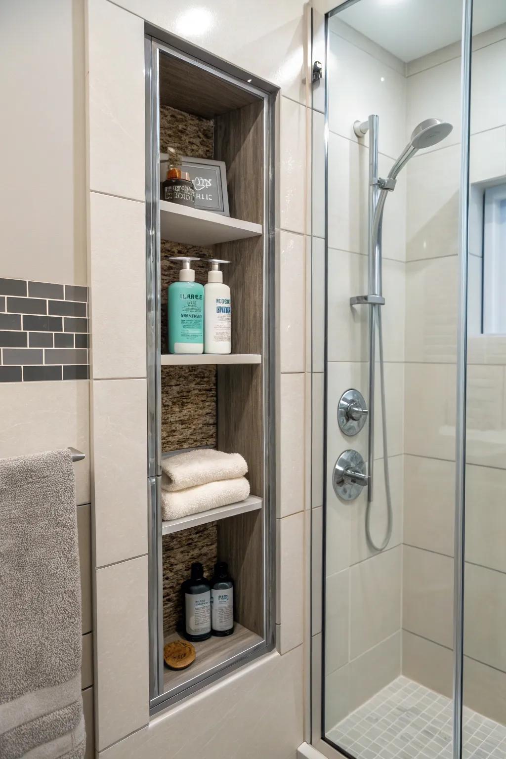 Vertical niches maximize storage and accessibility in smaller showers.