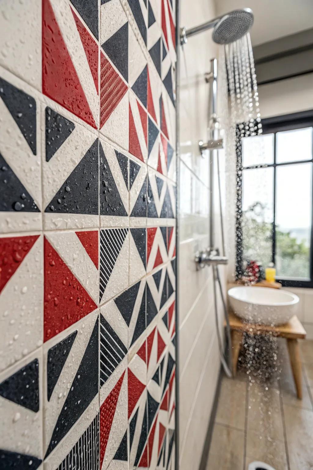 Geometric pattern tiles add drama and artistic flair to your shower.