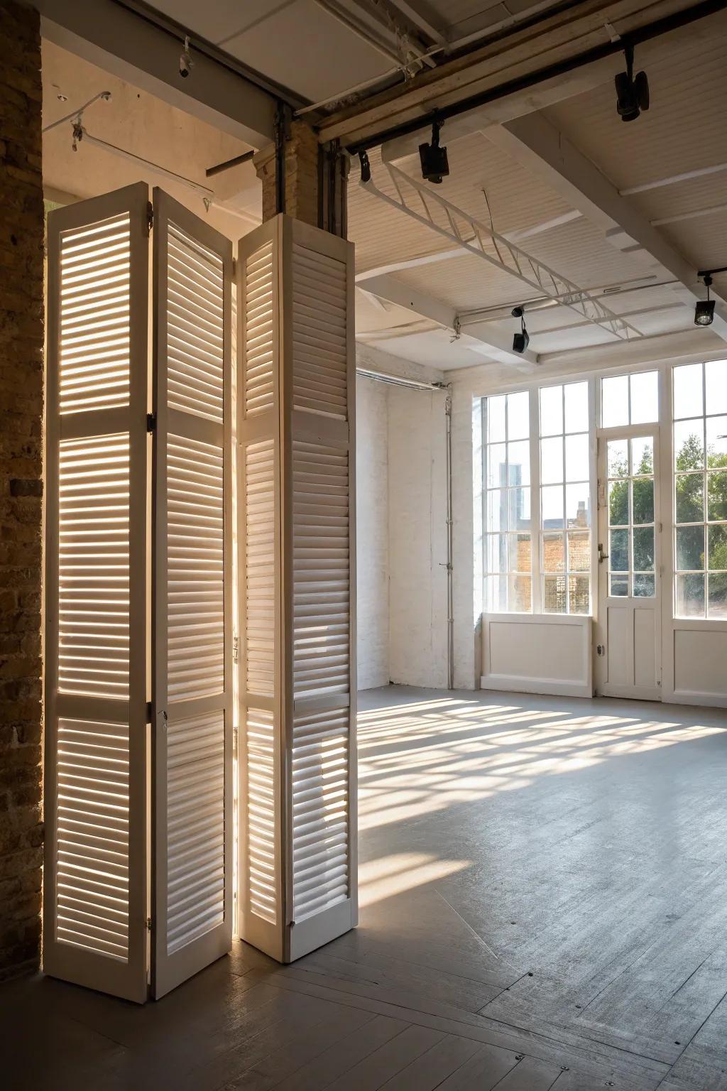 A versatile room divider made from shutter doors.