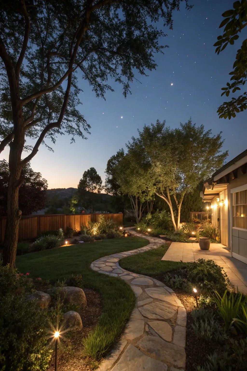 Strategic lighting brings your backyard to life at night.