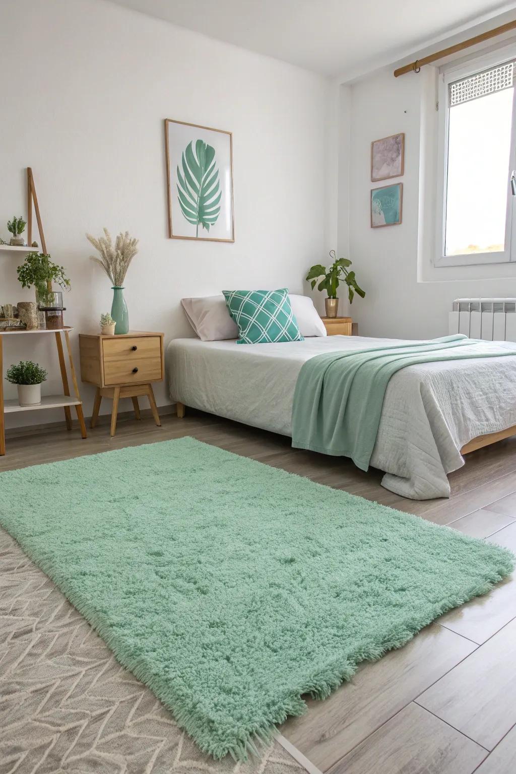 A mint green rug adds a fresh, open feel to the bedroom.