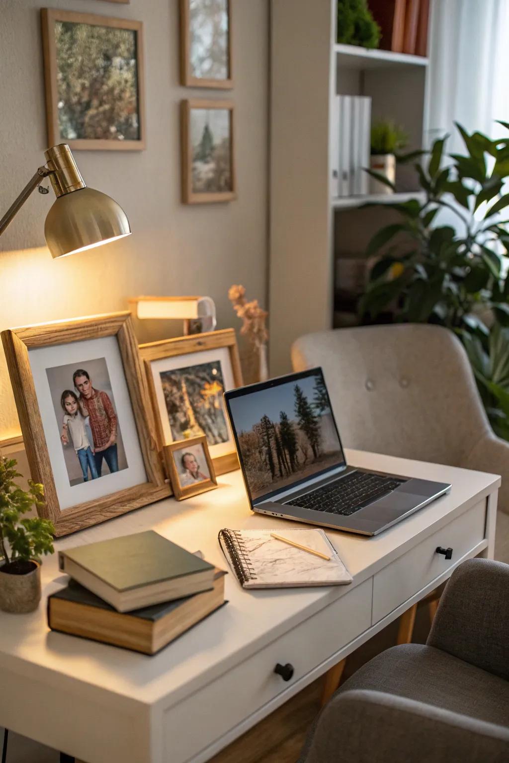 Framed photos add a personal touch to your workspace.