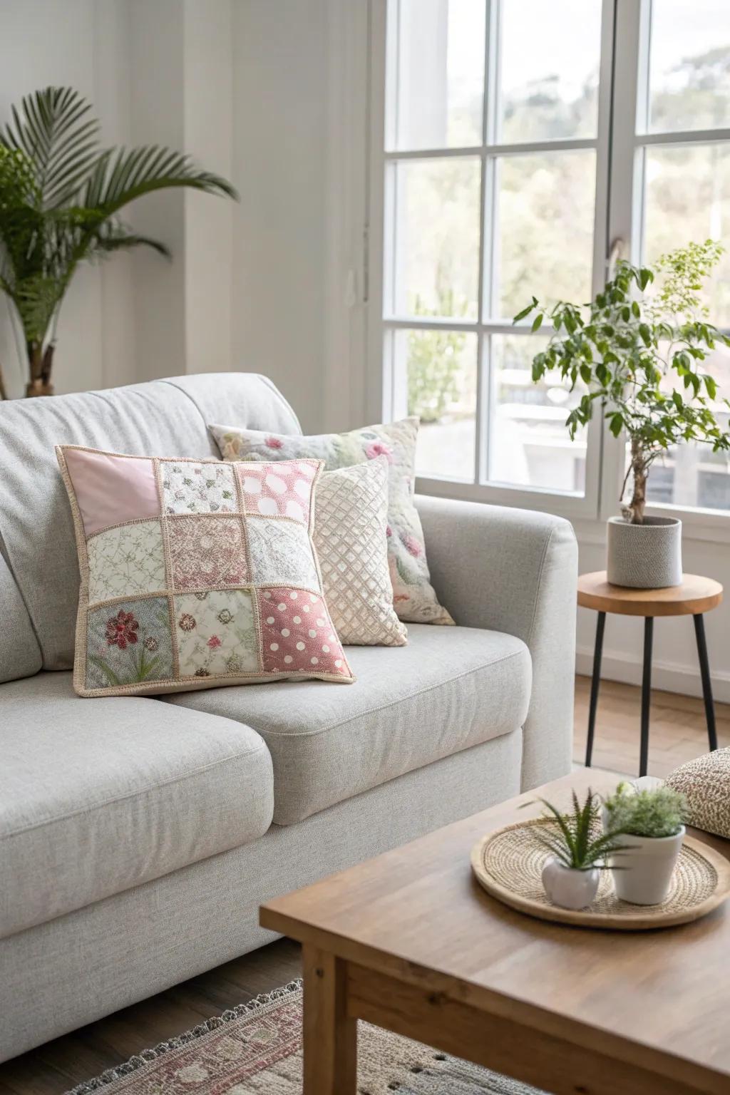 Transform your space with a personalized patchwork cushion, weaving cherished memories into your decor.