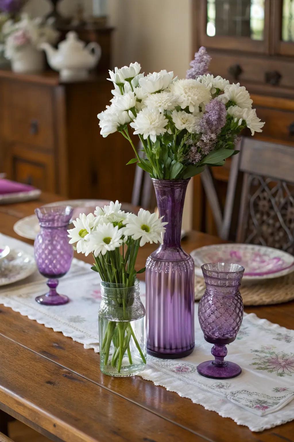 Vintage purple glassware adds charm and elegance.