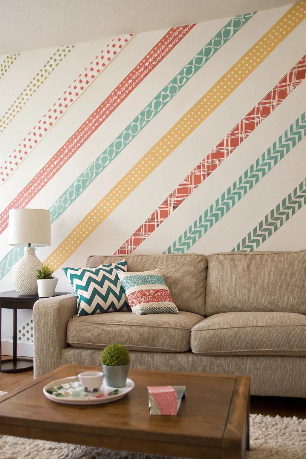 Create dynamic depth with diagonal washi tape designs on your walls.