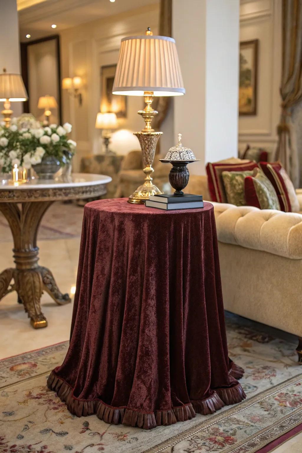 A side table with a velvet skirt, exuding elegance and comfort in a luxurious living room.