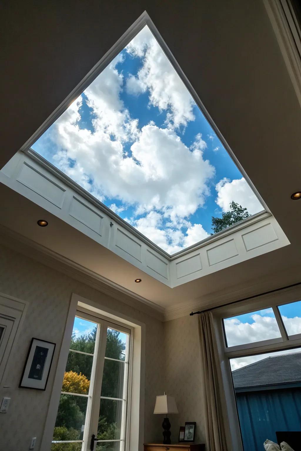 Create a peaceful sanctuary with a skylight sky scene.