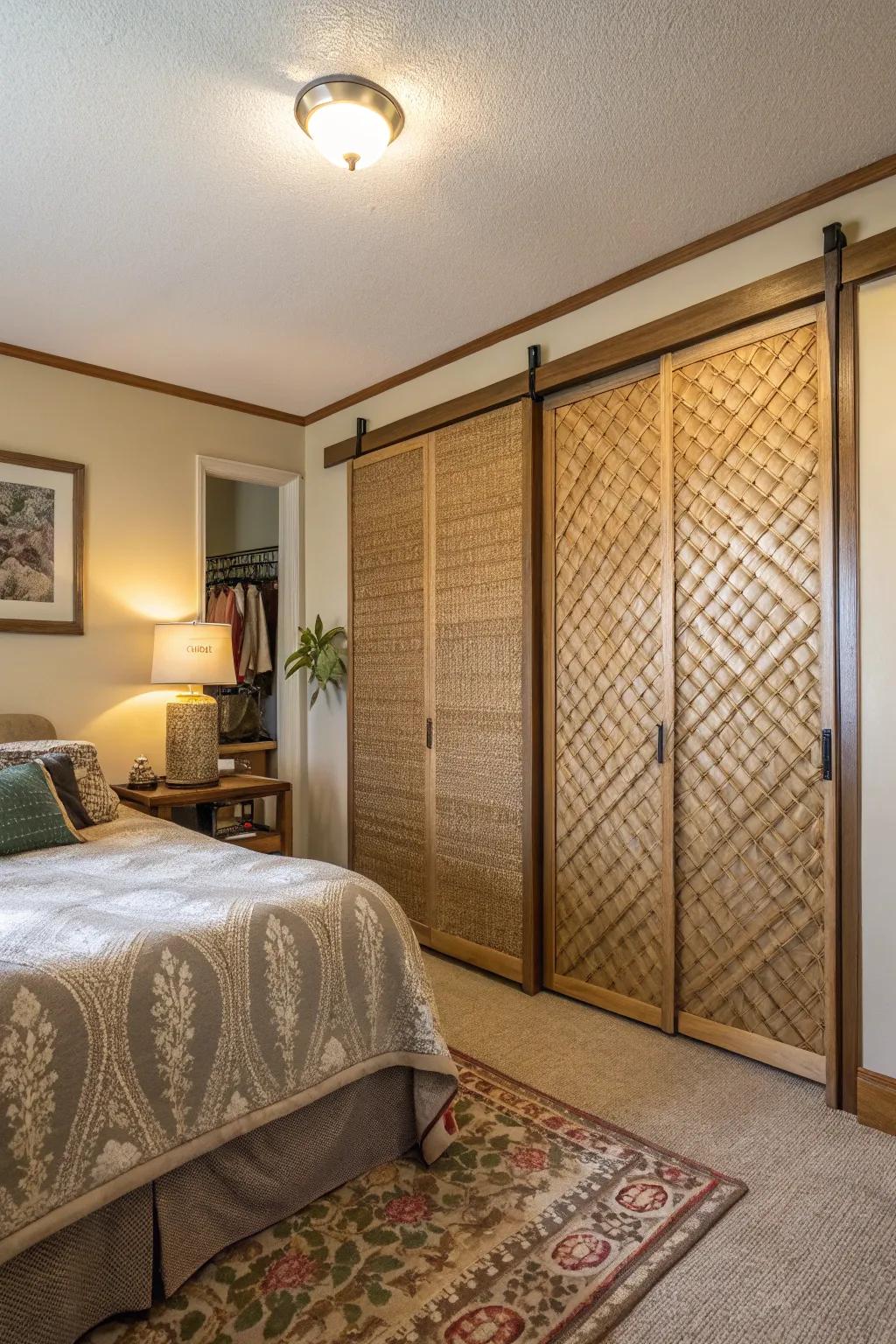 Textured sliding doors create a warm and inviting atmosphere.