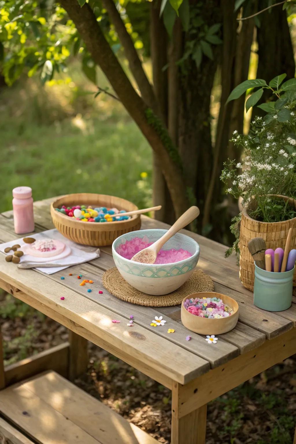 Elevate your slime play with a chic outdoor setup that blends simplicity and nature's elegance.