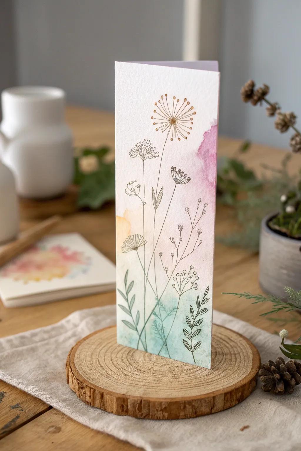 Discover the art of mixed media on slimline cards; where watercolor and stamps create magic.