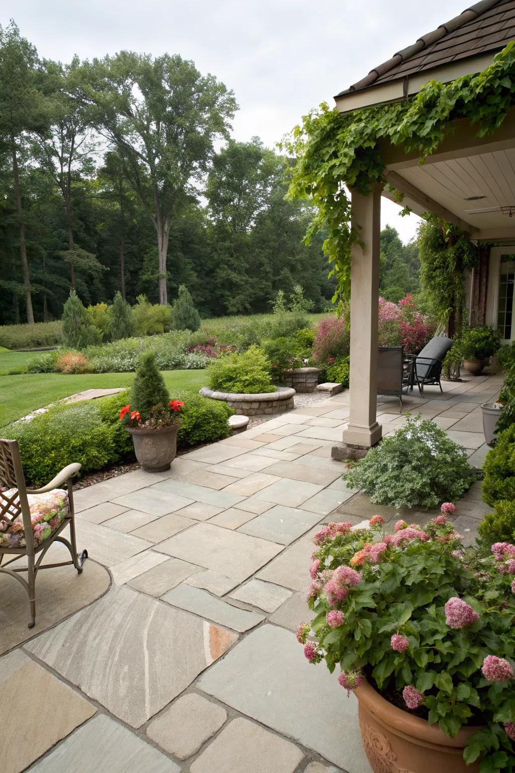 Flagstone pavers bring an elegant touch to this classic garden patio.