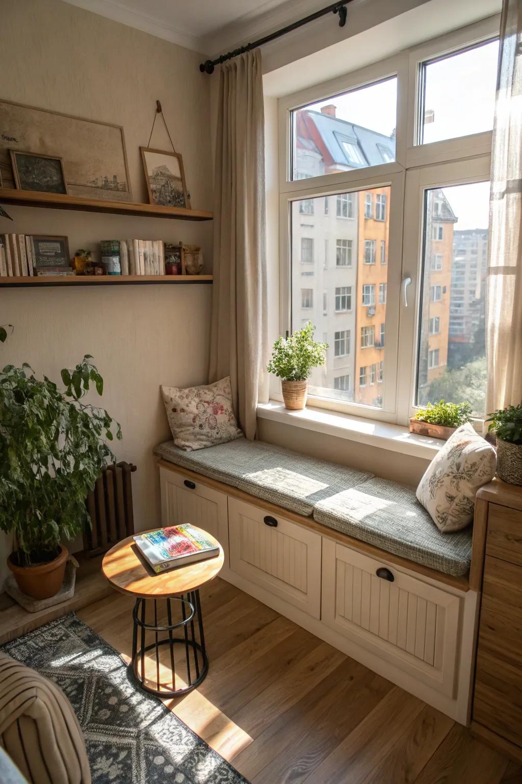 Built-in furniture maximizes space and functionality in a small apartment.