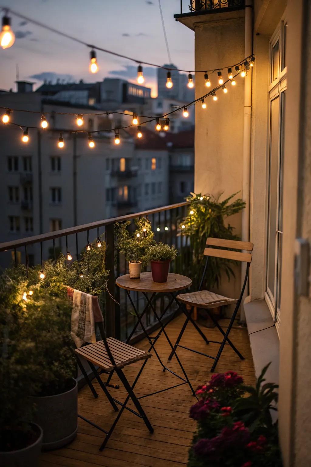 String lights add a magical touch to your balcony.