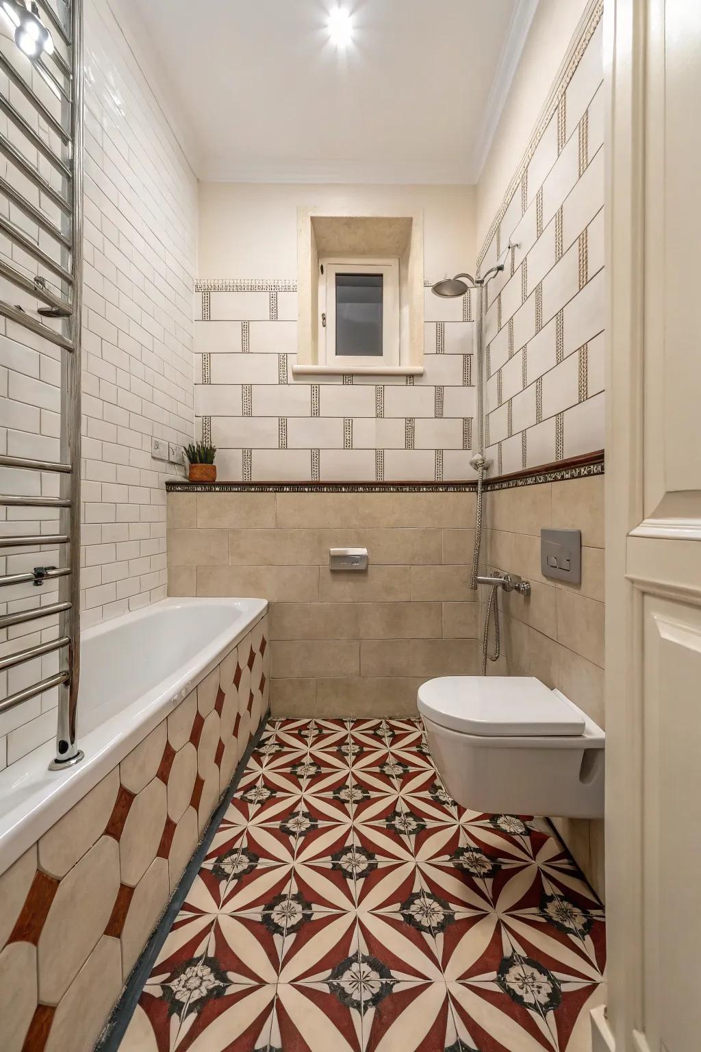 Bold tiles inject character into compact bathroom spaces.