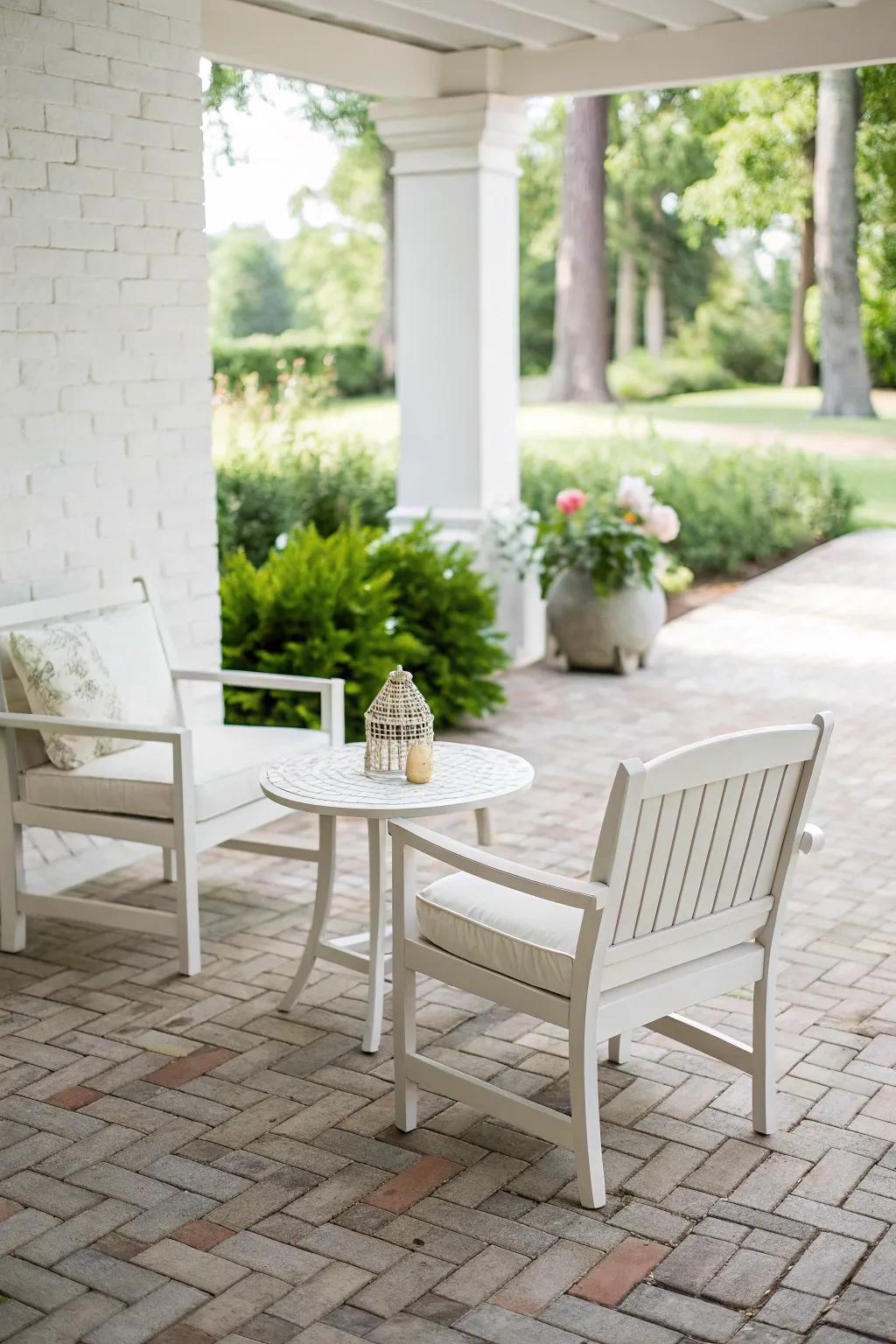 A whitewashed brick patio with minimalist furniture.