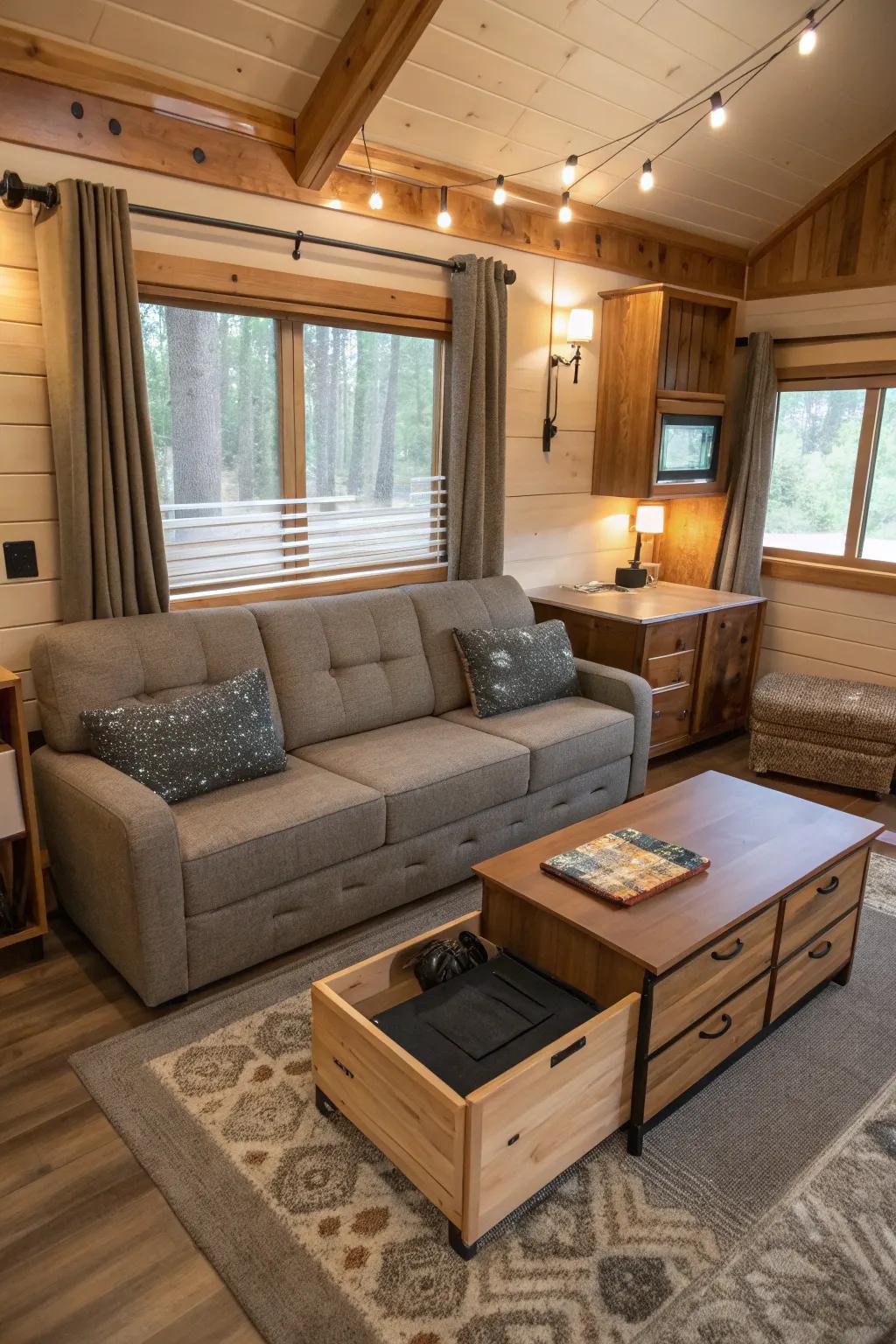 Compact furniture helps maximize space in small cabins.