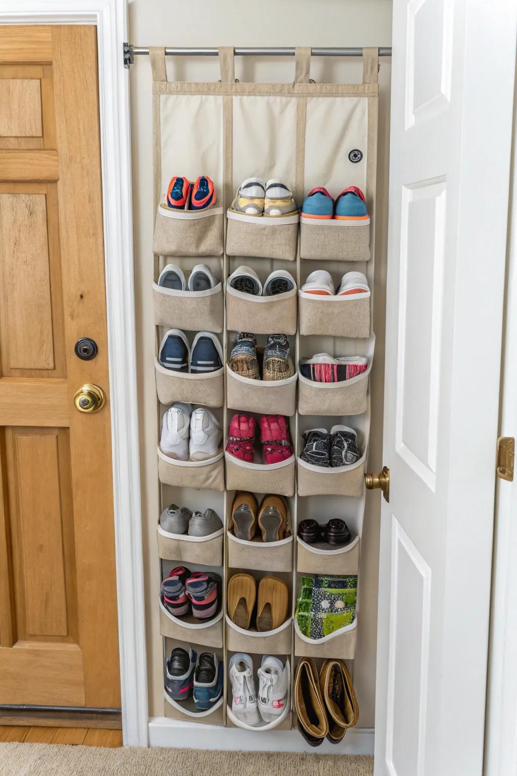 A hanging shoe rack with pockets maximizes floor space.