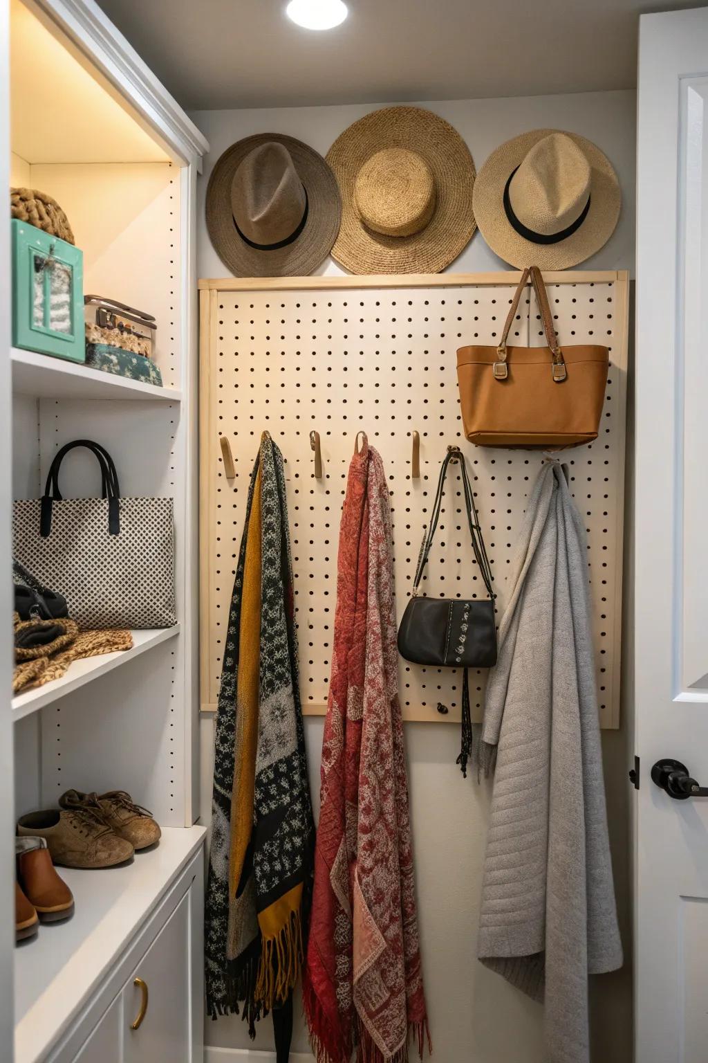 Pegboards offer versatile storage for accessories in small closets.