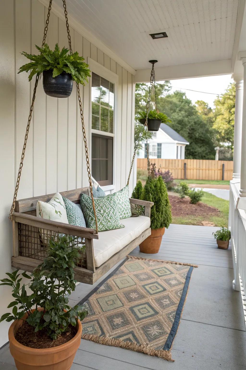 A porch swing adds comfort and charm.