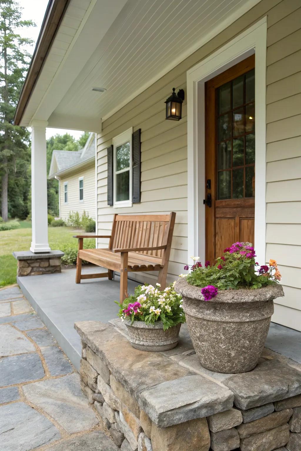 Natural materials add warmth to the porch.