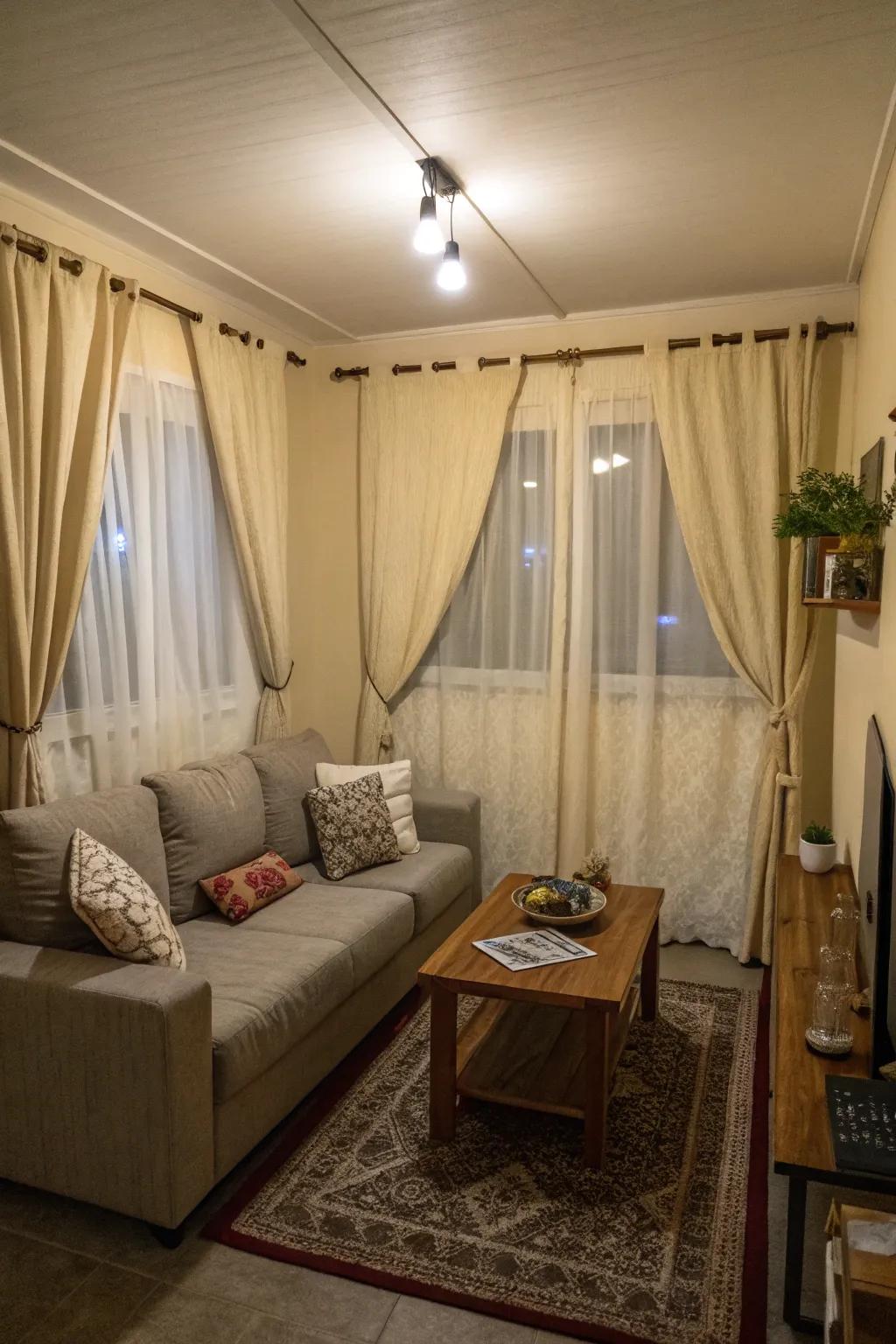 High-hung curtains make ceilings appear taller.