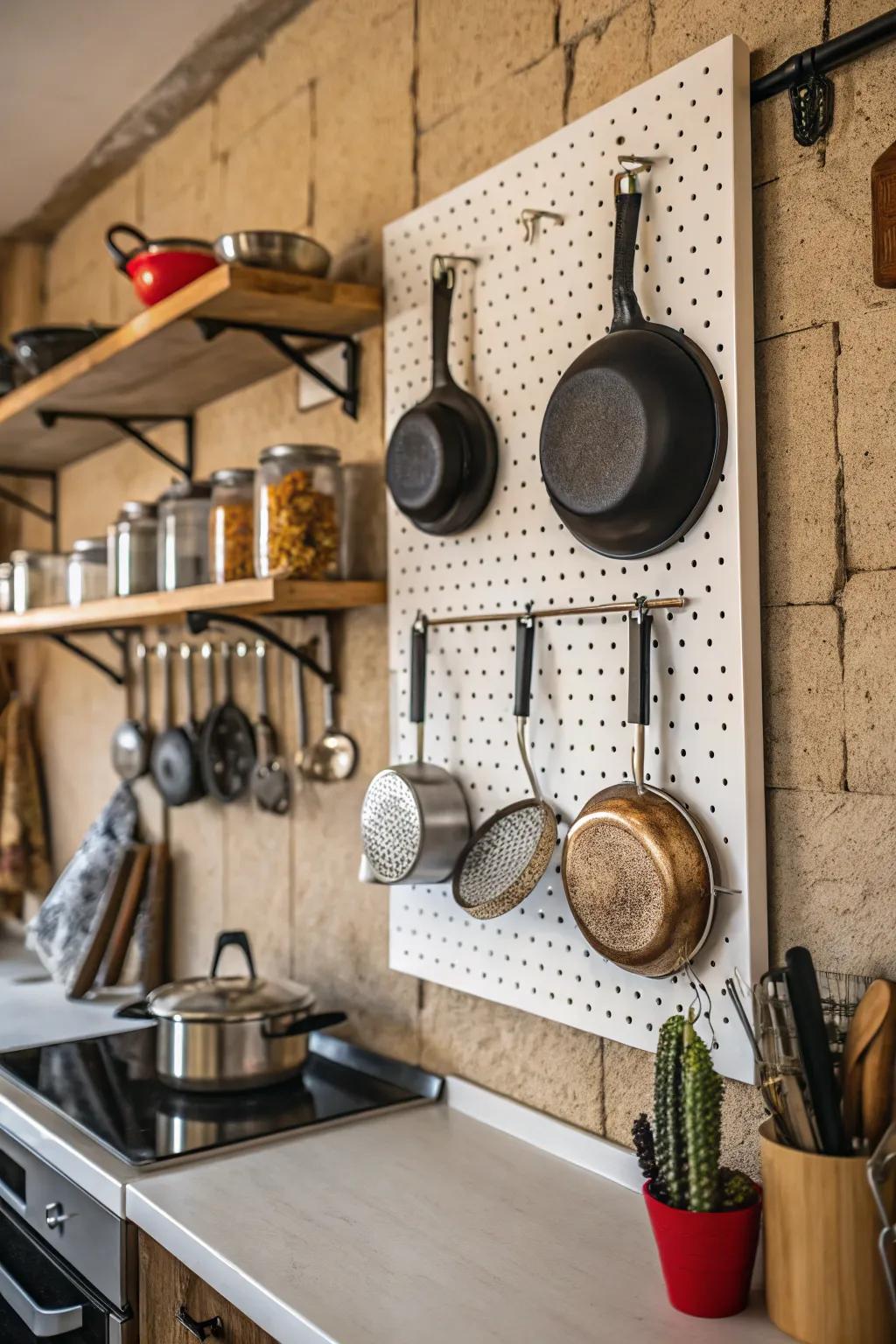 Pegboards keep your cookware organized and on display.