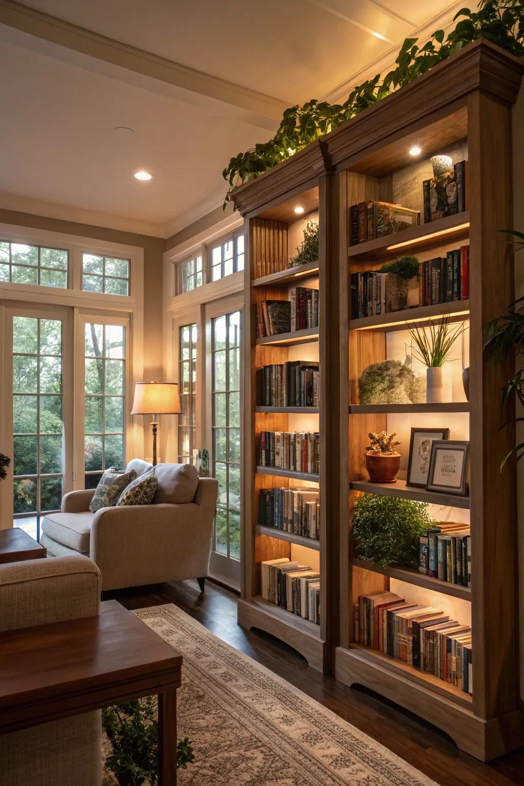 Tall shelves can draw the eye upwards and free up floor space.