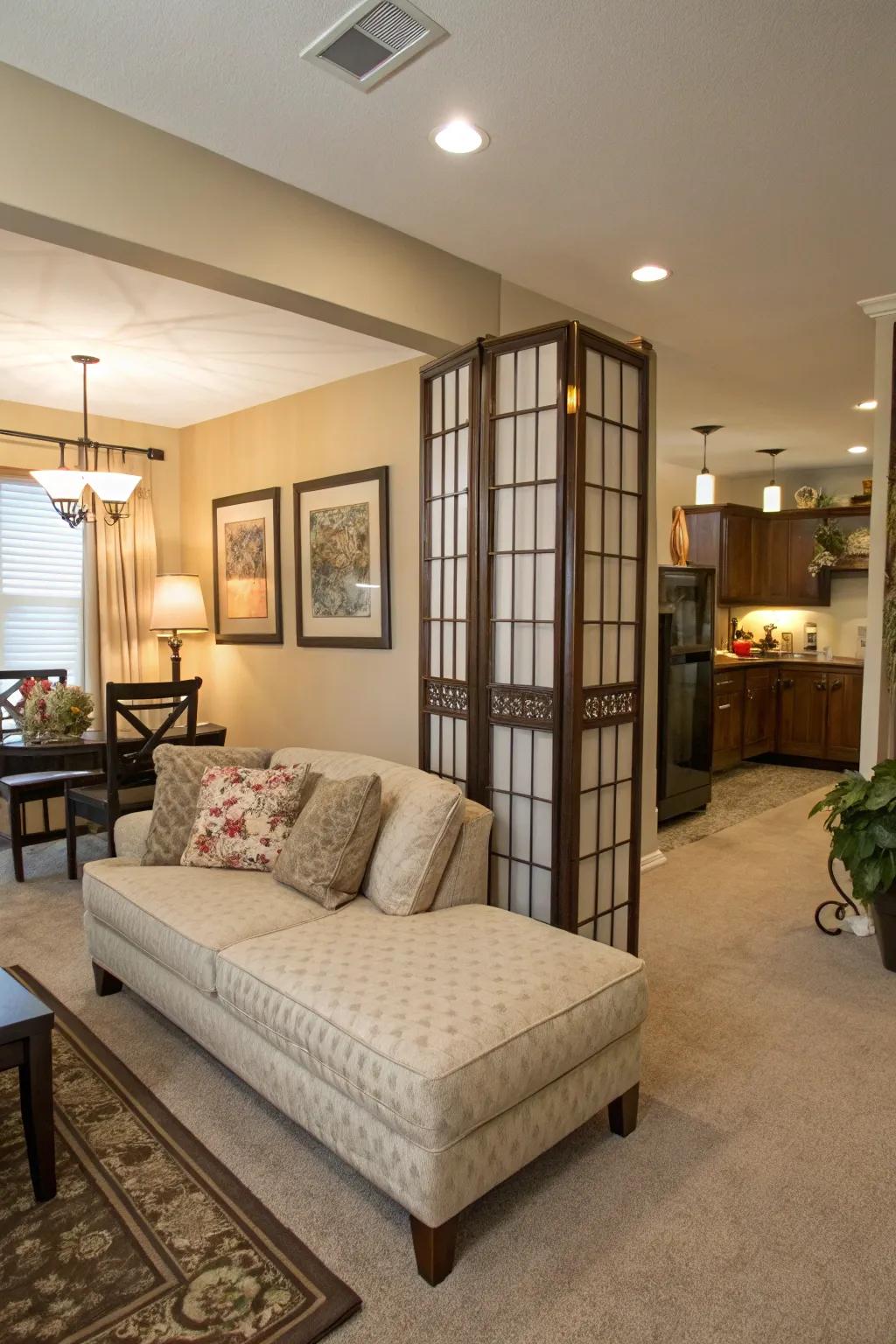 A small living room where a chaise lounge divides the living and dining areas elegantly.