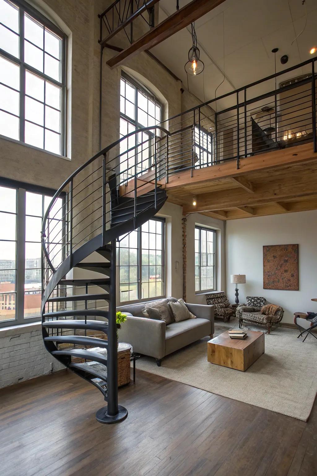 Sleek spiral staircase saving space in a small loft.