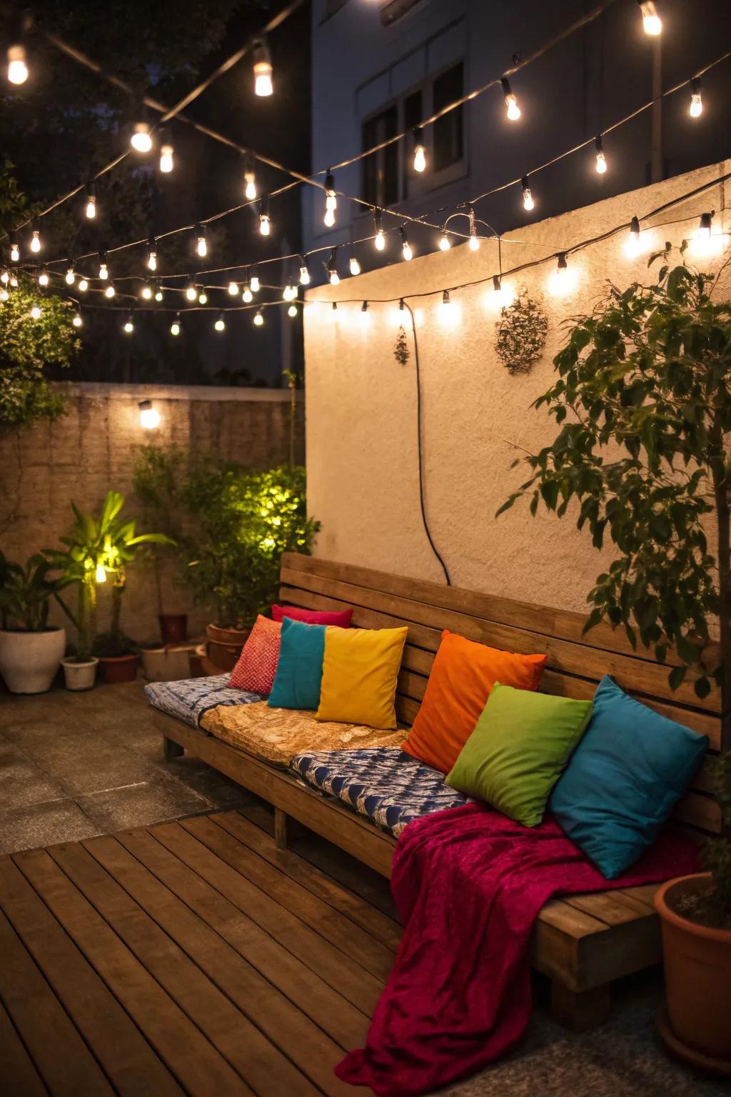 Enhance your small patio with strategic use of light and color.