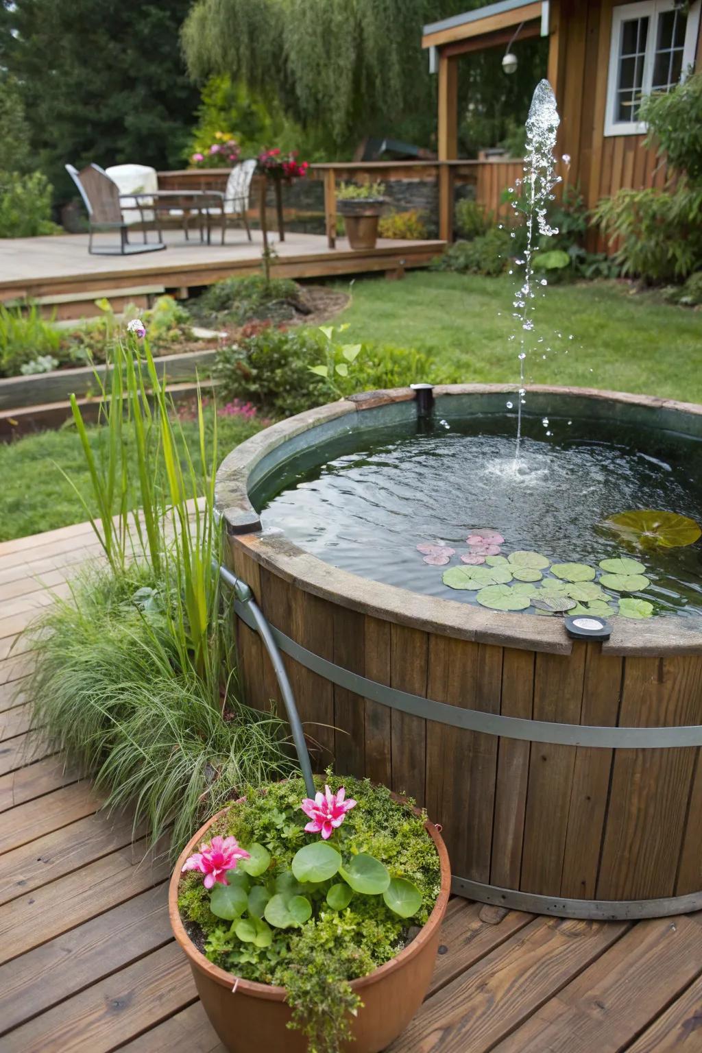 A repurposed hot tub pond is a creative and eco-friendly garden feature.