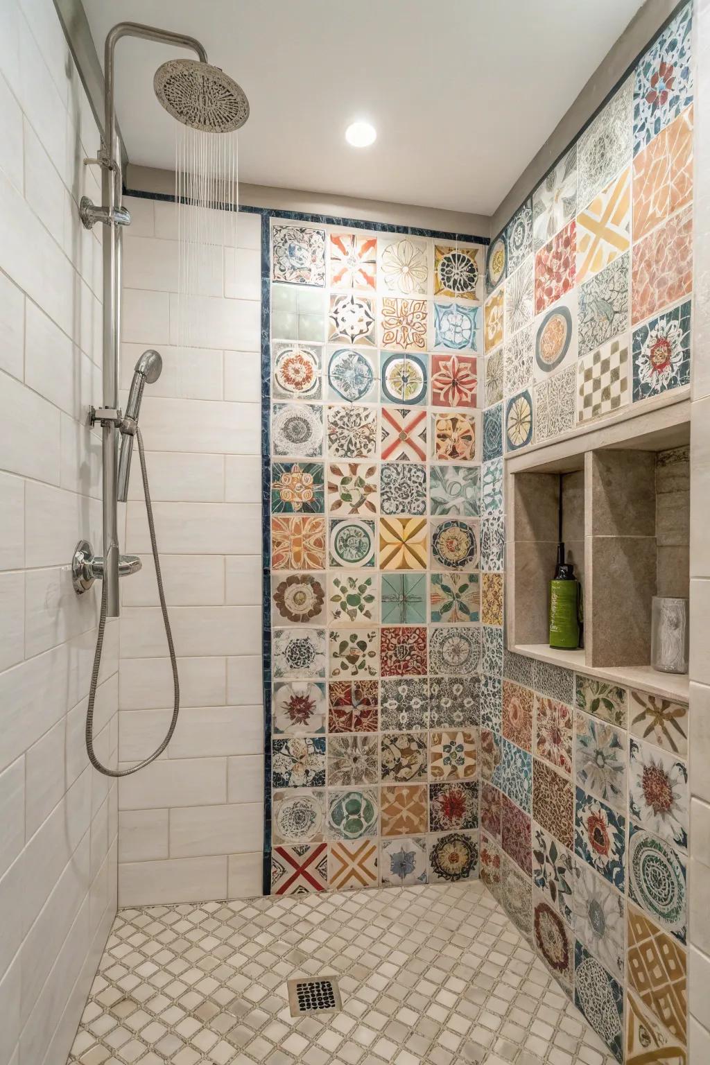 A small shower featuring mixed tile patterns for vibrant design.