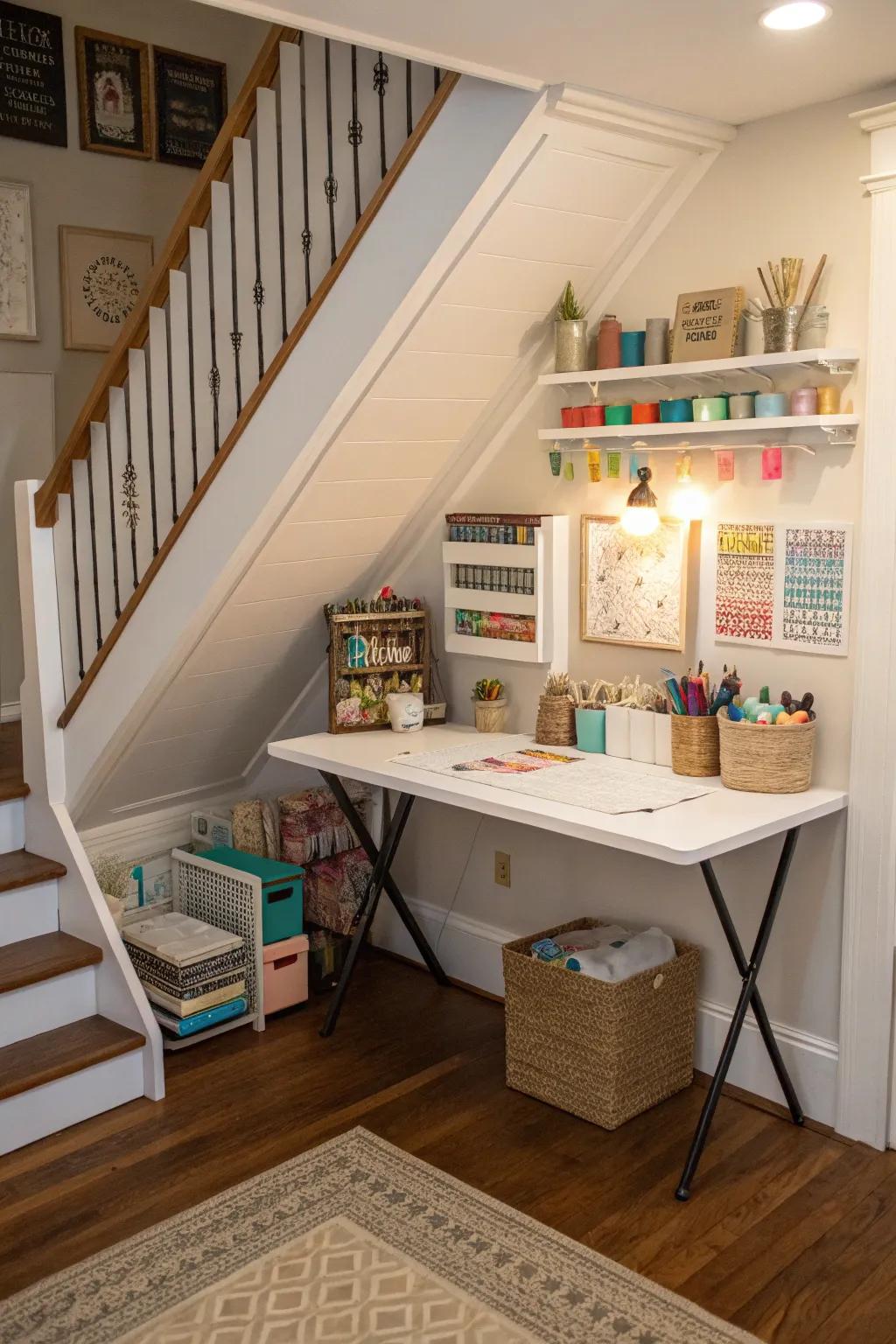 A crafty corner for endless creative projects under the stairs.