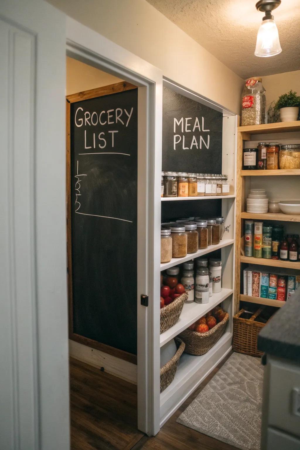 Chalkboard wall for notes and meal planning in the pantry.