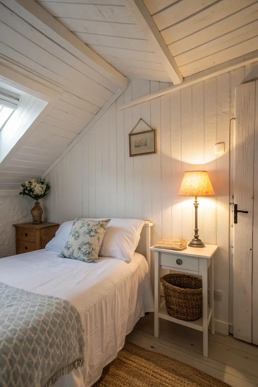 Soft lighting elevates the cozy ambiance of a small white bedroom.