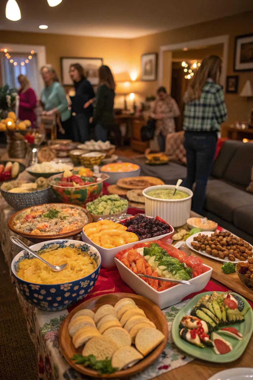 Potluck-style tables introduce diverse flavors and foster community.