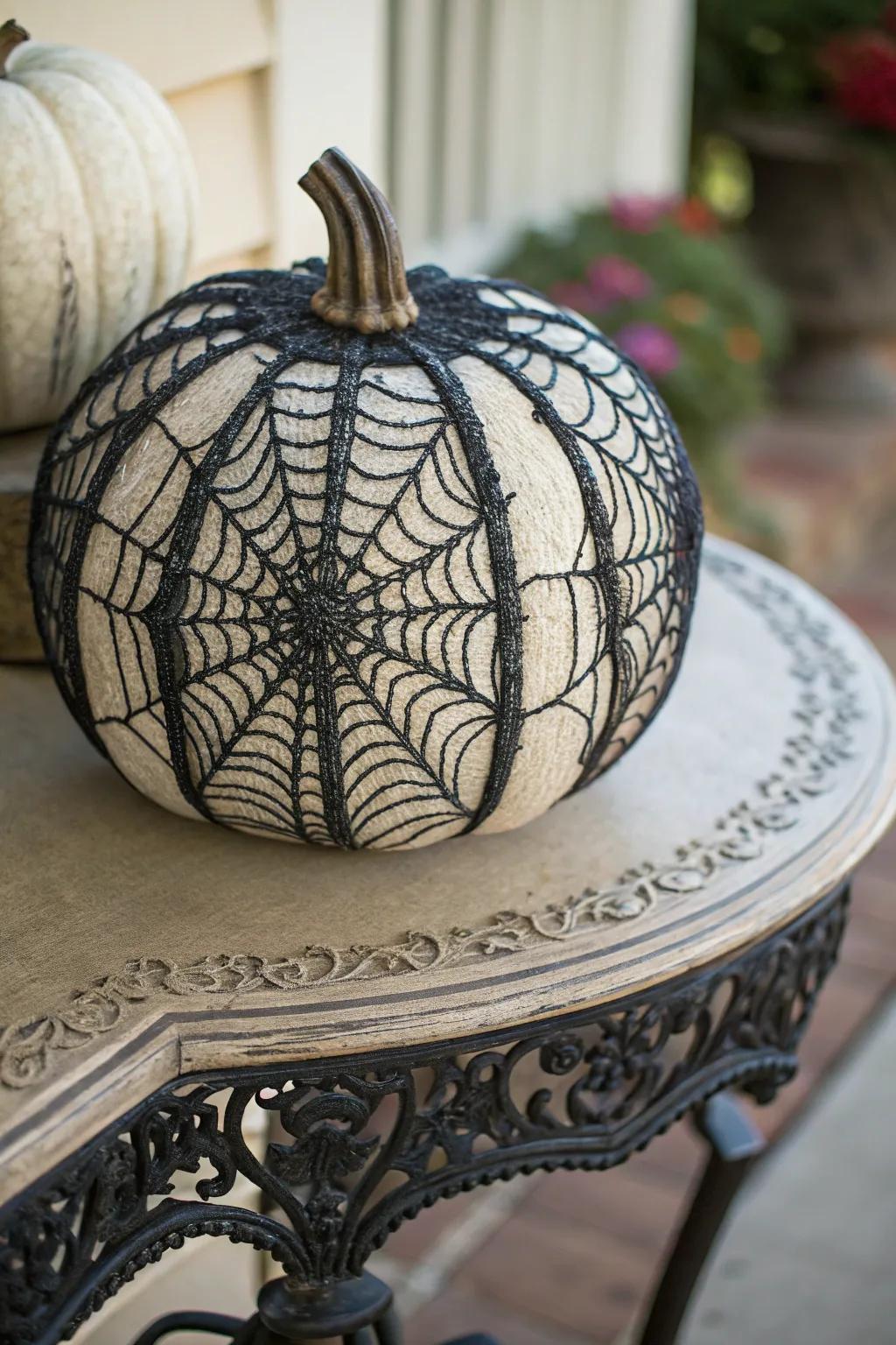 A pumpkin elegantly draped with black lace.