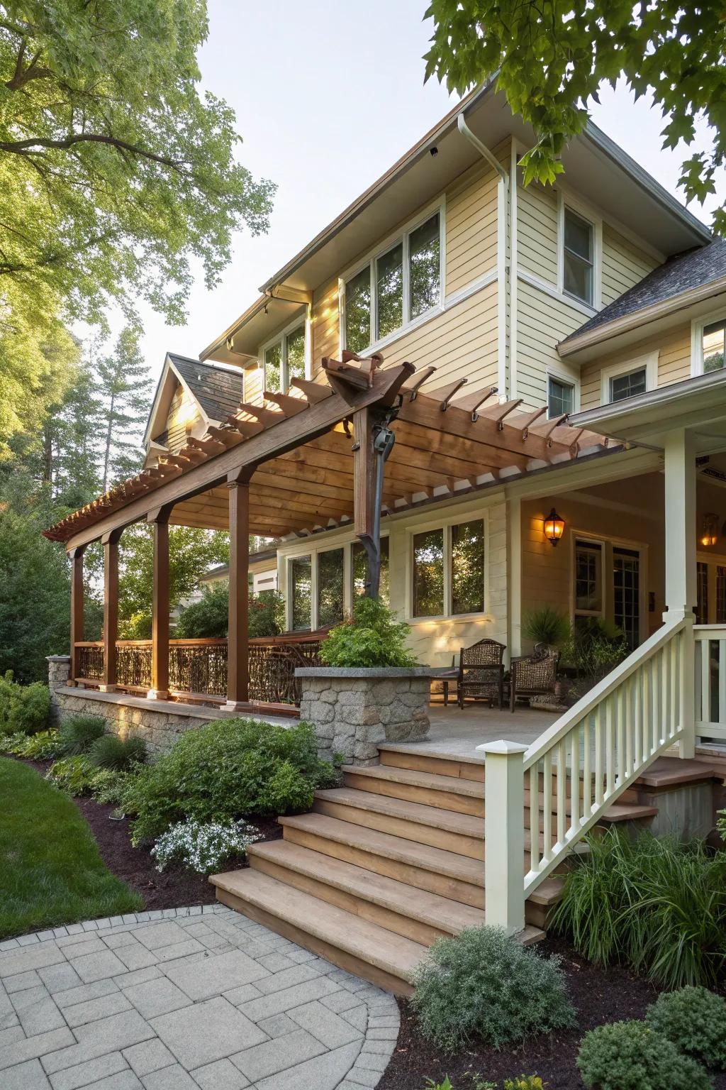 An overhead pergola adds architectural interest to this split foyer porch.